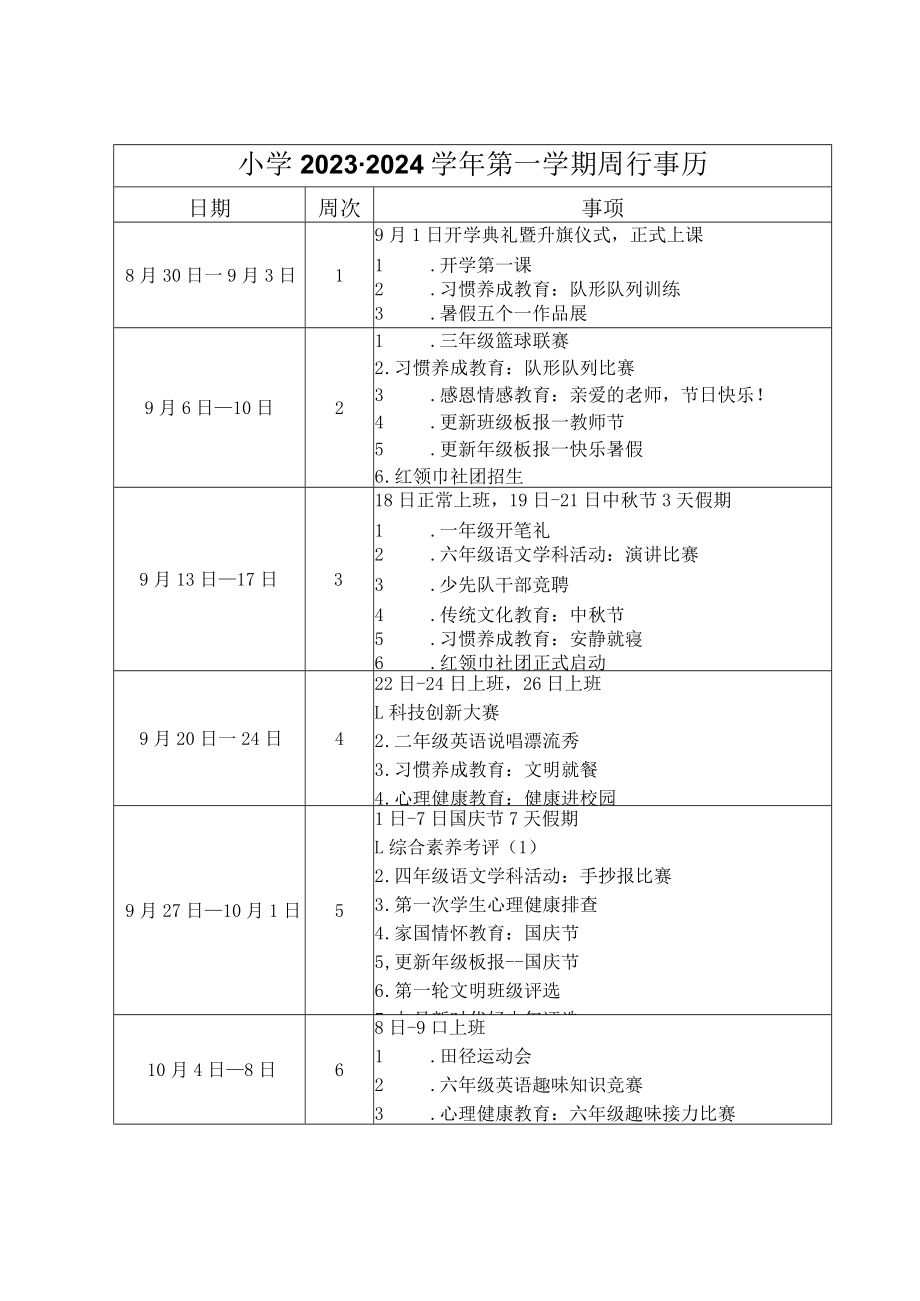 小学2023-2024学年第一学期周行事历.docx_第1页