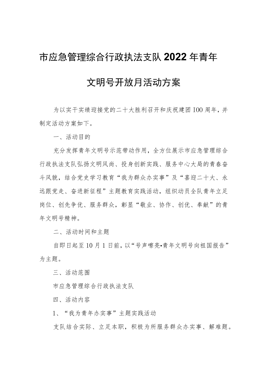 市应急管理综合行政执法支队2022年青年文明号开放月活动方案.docx_第1页