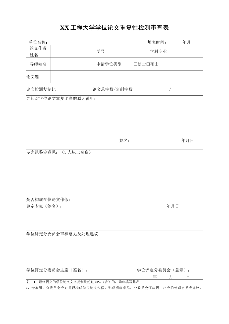 XX工程大学学位论文重复性检测审查表.docx_第1页