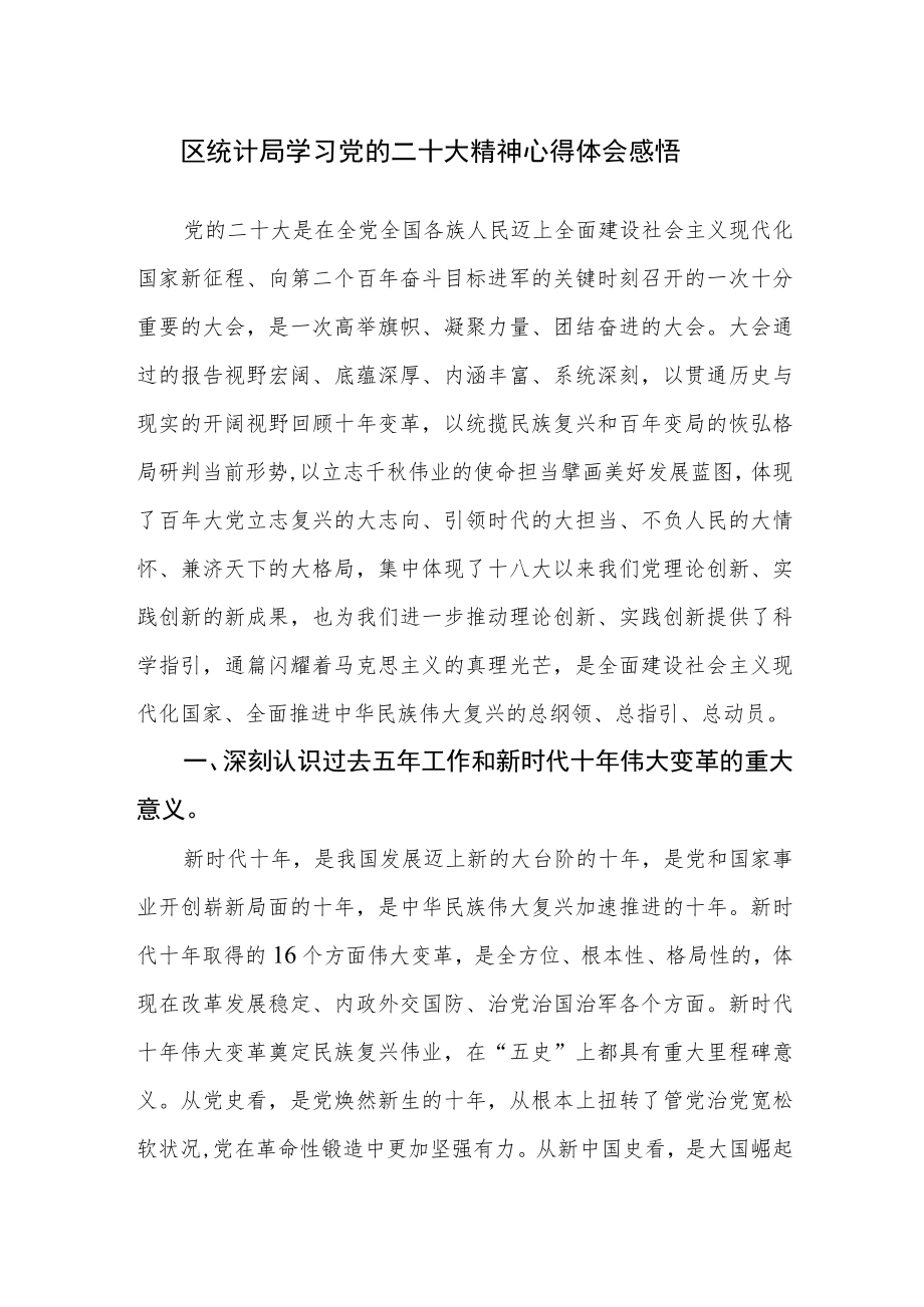 区统计局、审计局学习党的二十大精神心得体会感悟范文2篇.docx_第1页