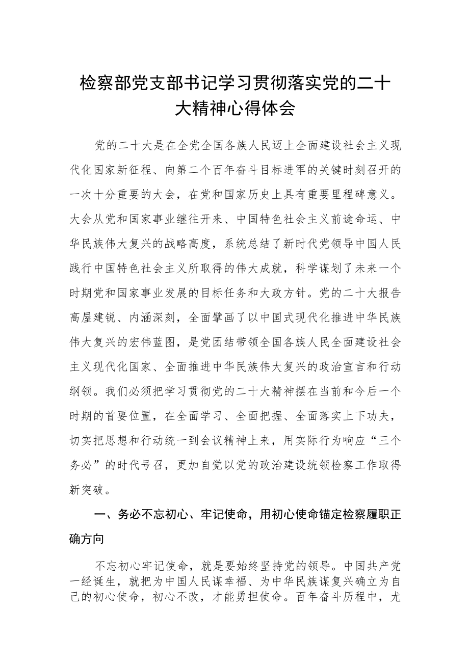 检察部党支部书记学习贯彻落实党的二十大精神心得体会【精选三篇】.docx_第1页