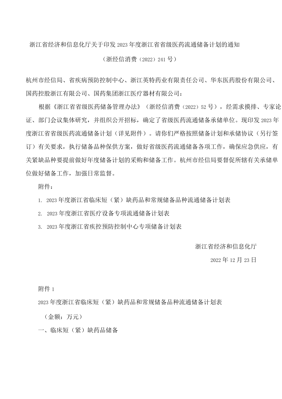 浙江省经济和信息化厅关于印发2023年度浙江省省级医药流通储备计划的通知.docx_第1页