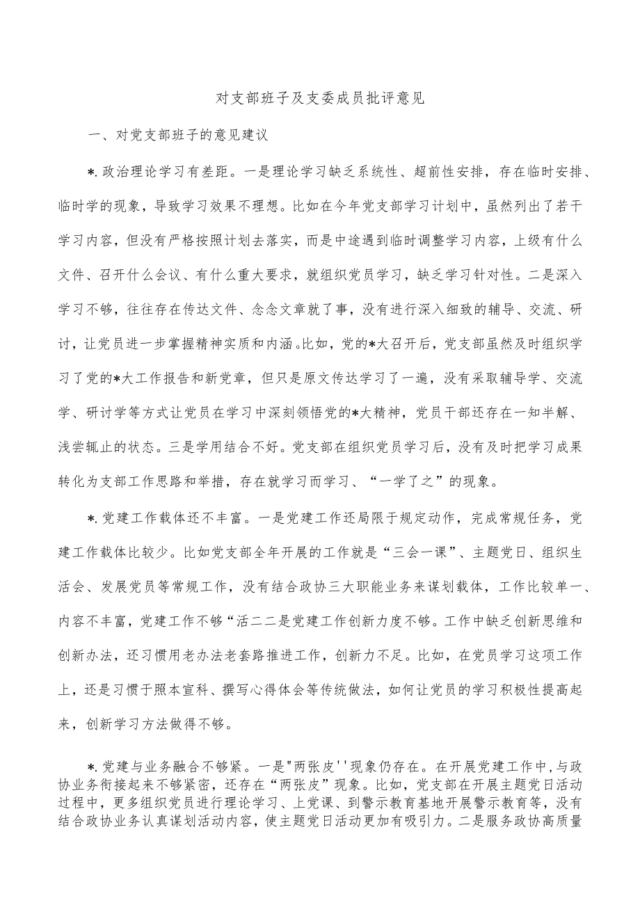 对支部班子及支委成员批评意见.docx_第1页