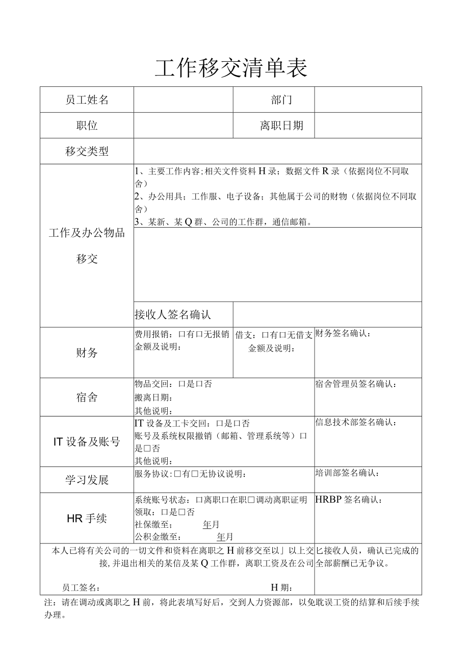 离职员工工作移交清单表.docx_第1页