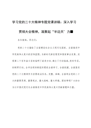 学习党的二十大精神专题党课讲稿：深入学习贯彻大会精神凝聚起“半边天”力量.docx