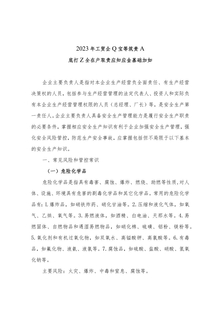 2023年工贸企业主要负责人履行安全生产职责应知应会基础知识.docx_第1页