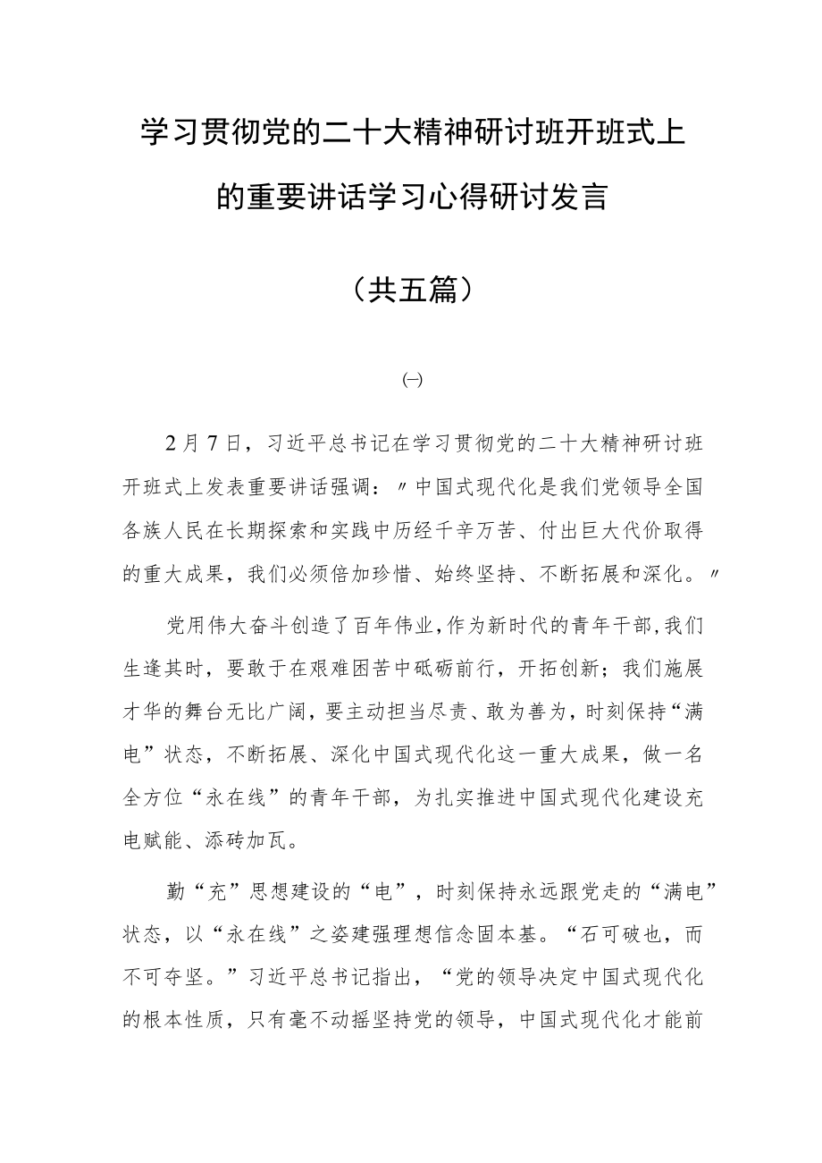 2023党员干部学习贯彻党的二十大精神研讨班开班式上的重要讲话学习心得感想研讨发言材料【5篇】.docx_第1页