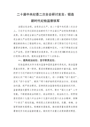 二十届中央纪委二次全会研讨发言：锻造新时代纪检监察铁军.docx