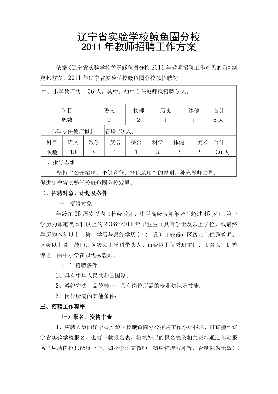 辽宁省实验学校鲅鱼圈分校2011年教师招聘工作方案.docx_第1页