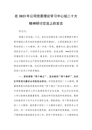 在2023年公司党委理论学习中心组二十大精神研讨交流上的发言.docx