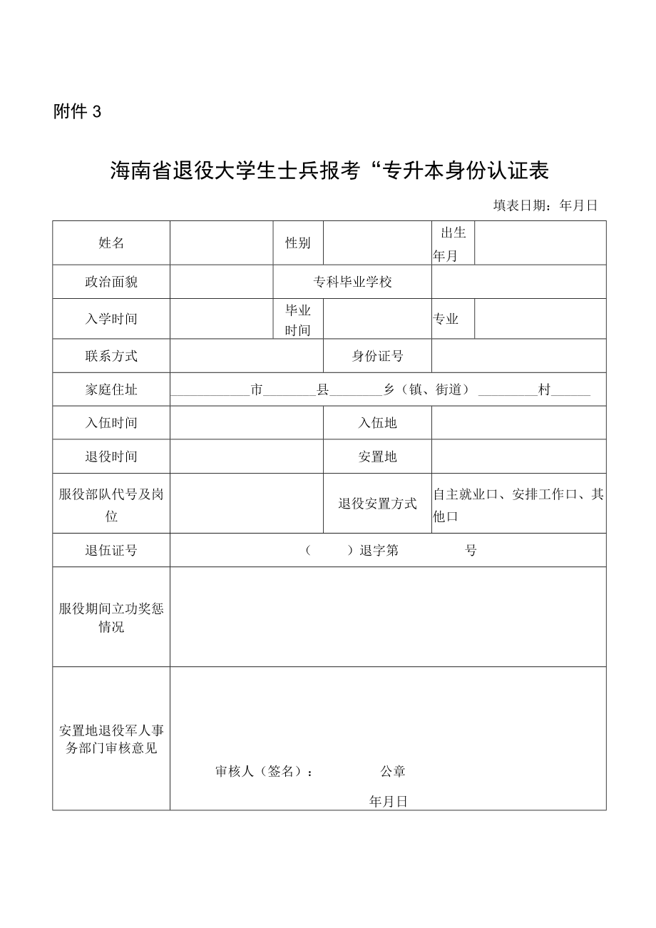 海南省退役大学生士兵报考“专升本”身份认证表.docx_第1页