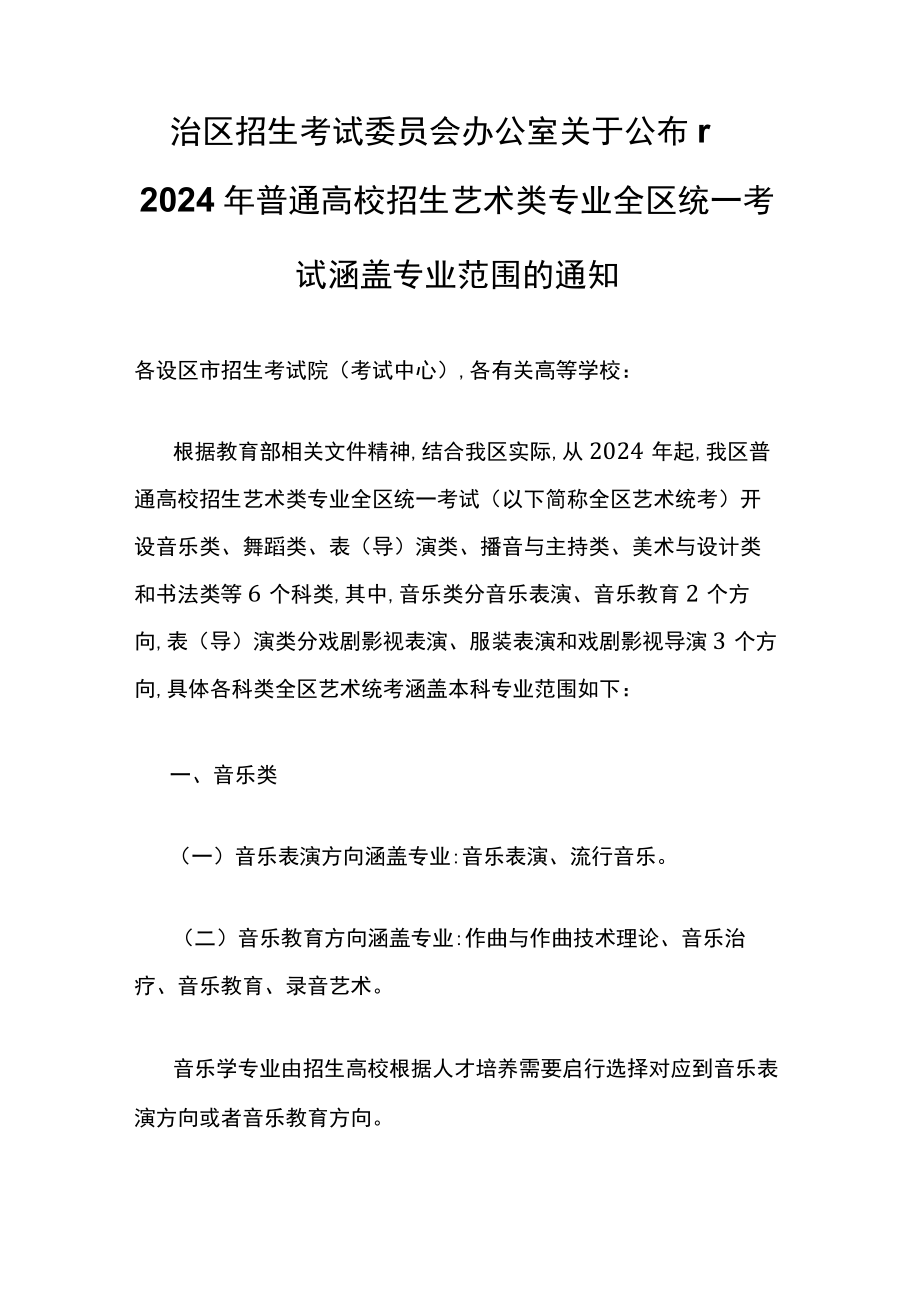 广西2024年普通高校招生艺术类专业全区统一考试涵盖专业范围.docx_第1页