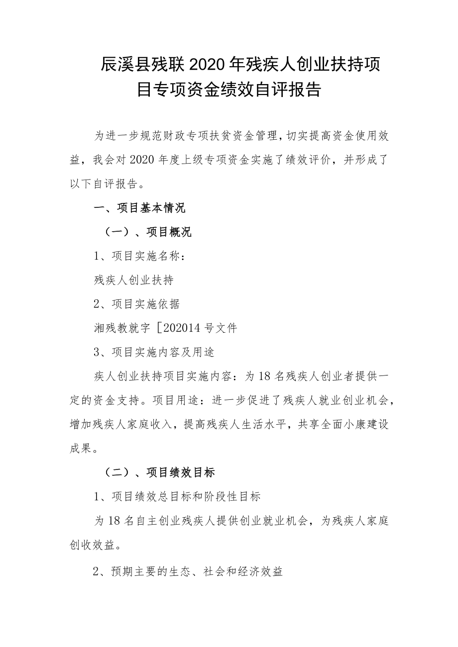 辰溪县残联2020年残疾人创业扶持项目专项资金绩效自评报告.docx_第1页