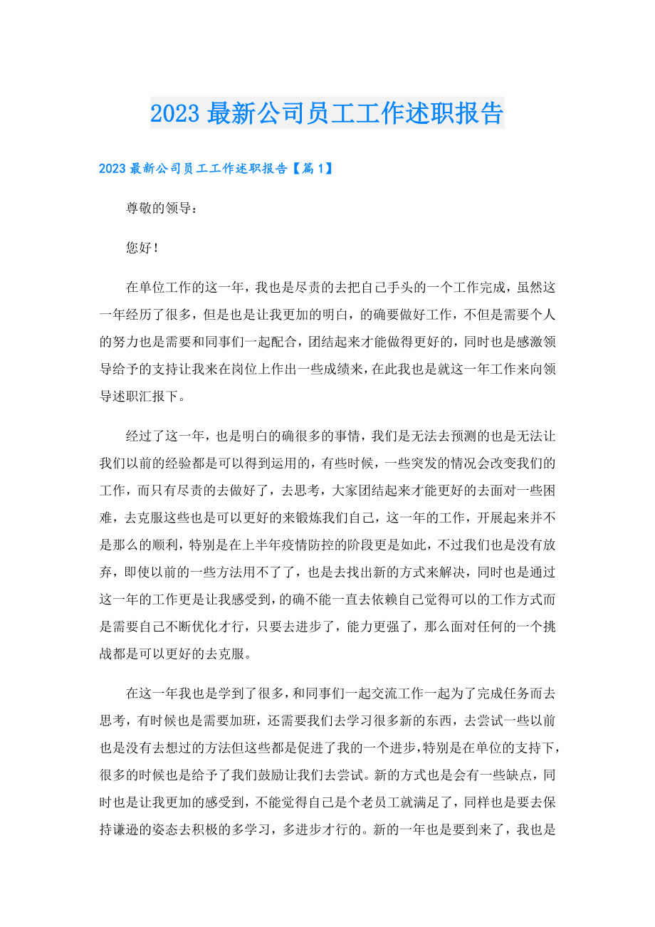 2023最新公司员工工作述职报告.doc_第1页