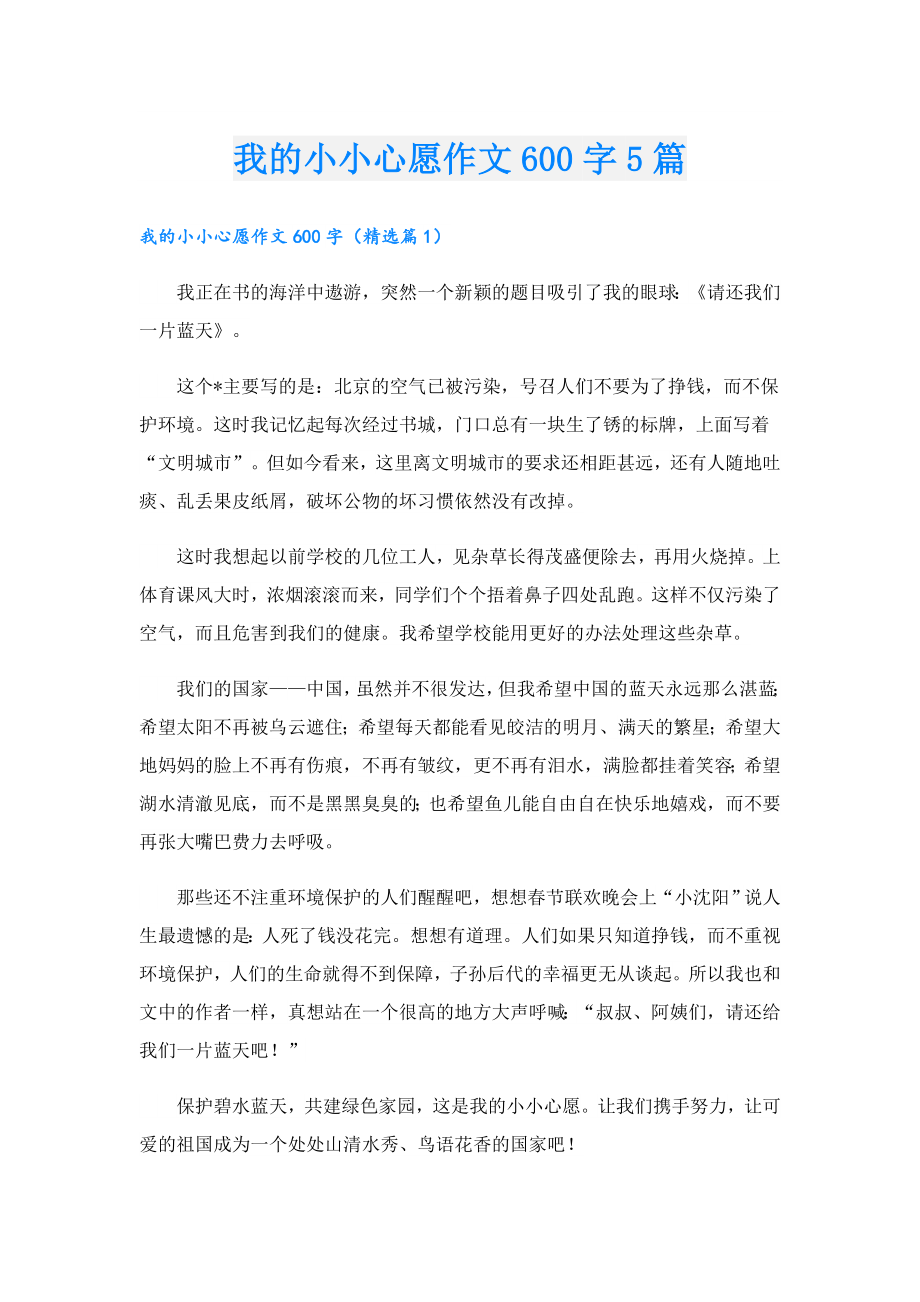 我的小小心愿作文600字5篇.doc_第1页