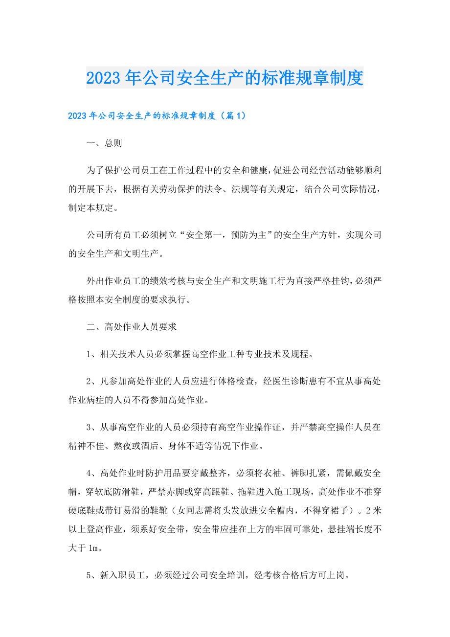 2023年公司安全生产的标准规章制度.doc_第1页