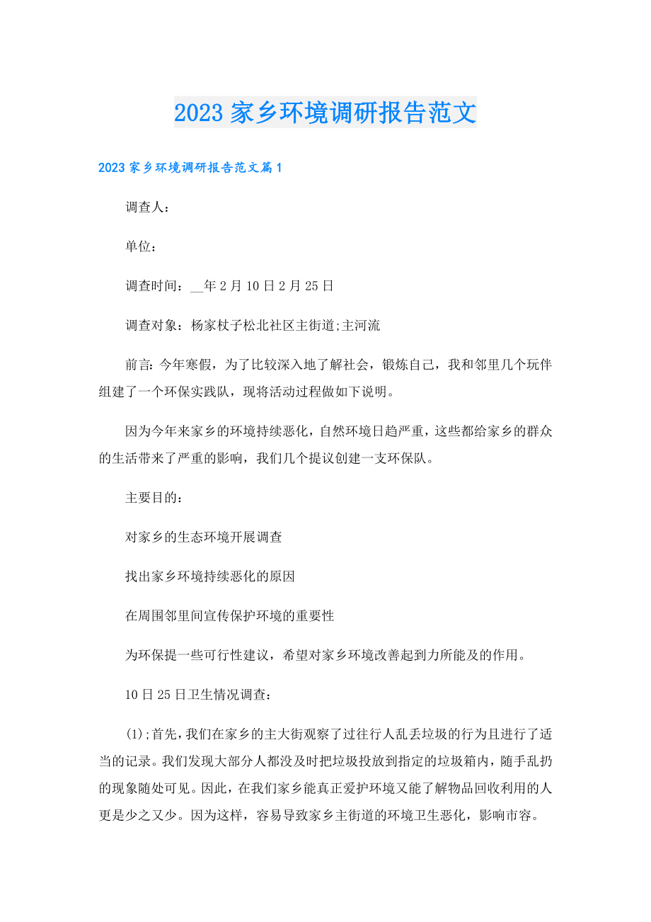 2023家乡环境调研报告范文.doc_第1页