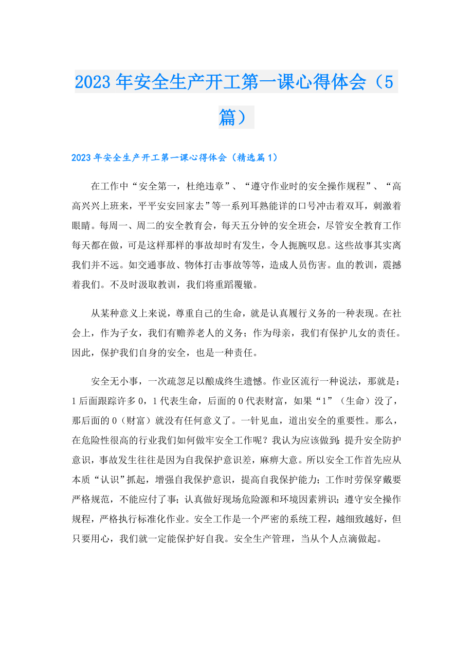 2023年安全生产开工第一课心得体会（5篇）.doc_第1页