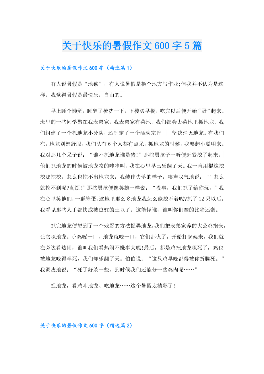 关于快乐的暑假作文600字5篇.doc_第1页