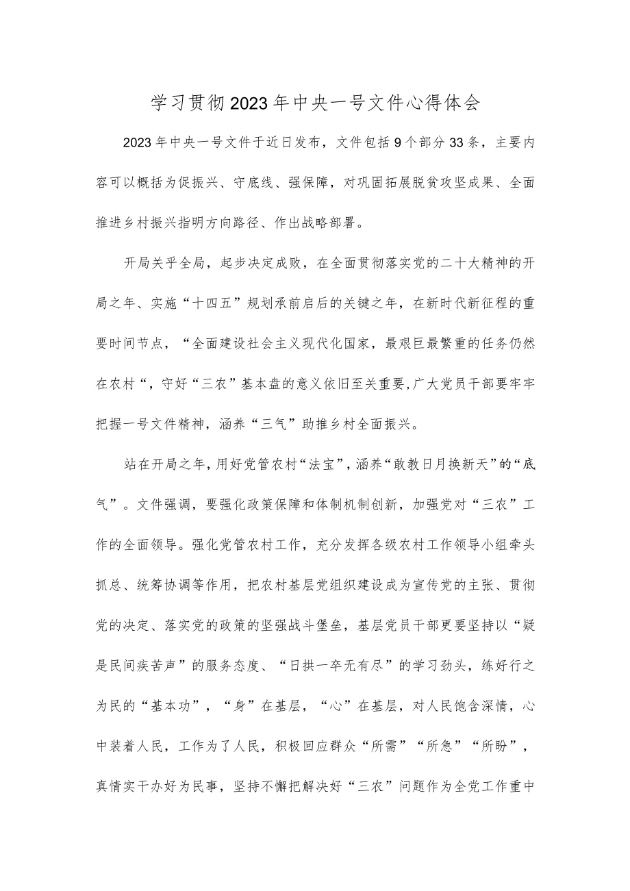 学习贯彻2023年中央一号文件心得体会.docx_第1页