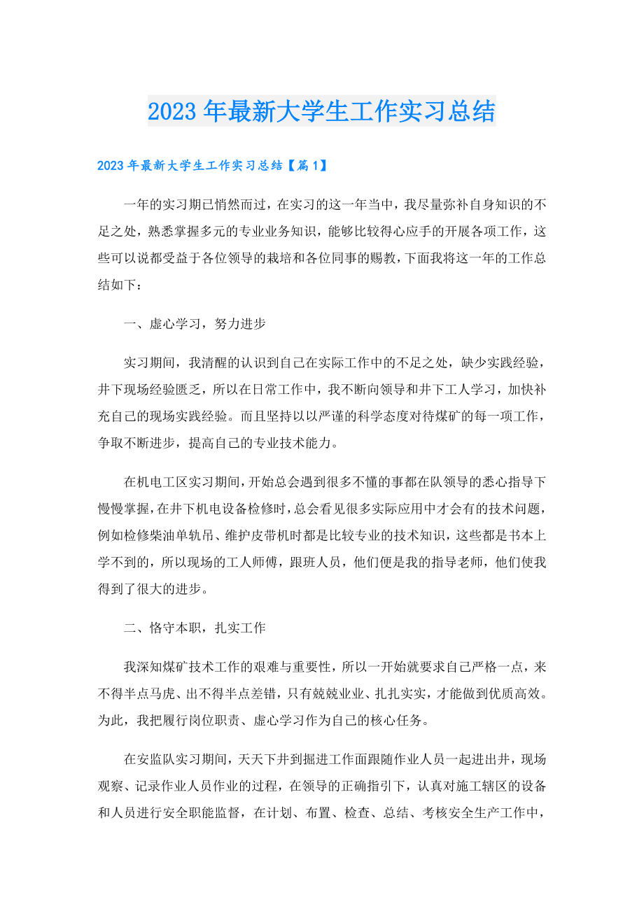 2023年最新大学生工作实习总结.doc_第1页