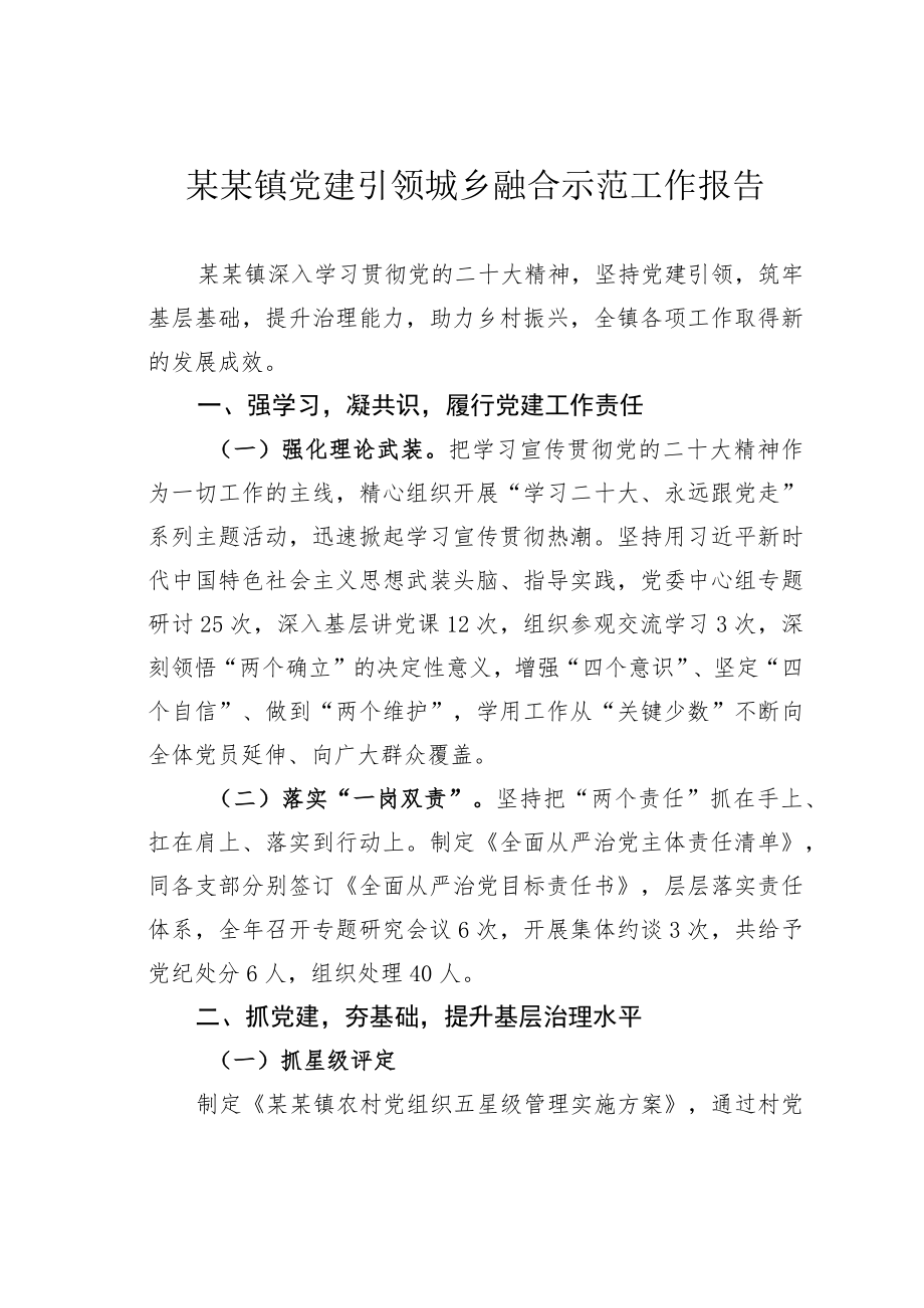 某某镇党建引领城乡融合示范工作报告.docx_第1页