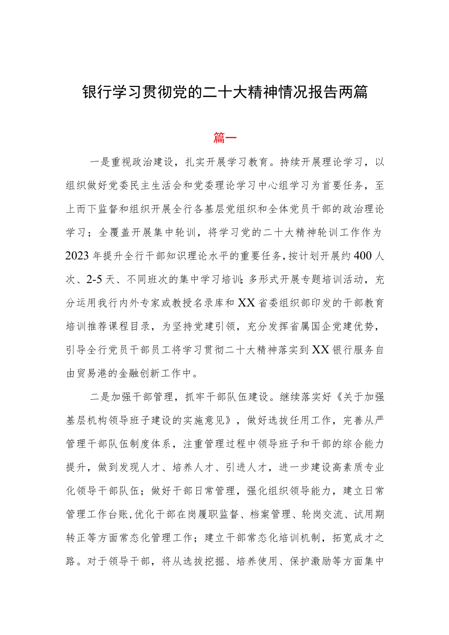 2023年银行学习贯彻党的二十大精神情况报告两篇.docx_第1页