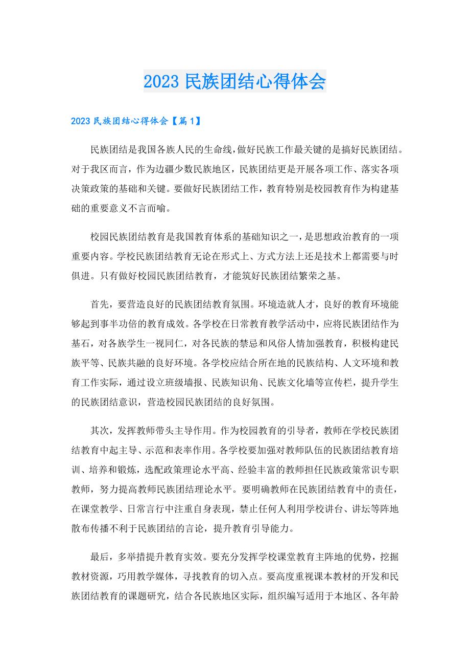 2023民族团结心得体会.doc_第1页