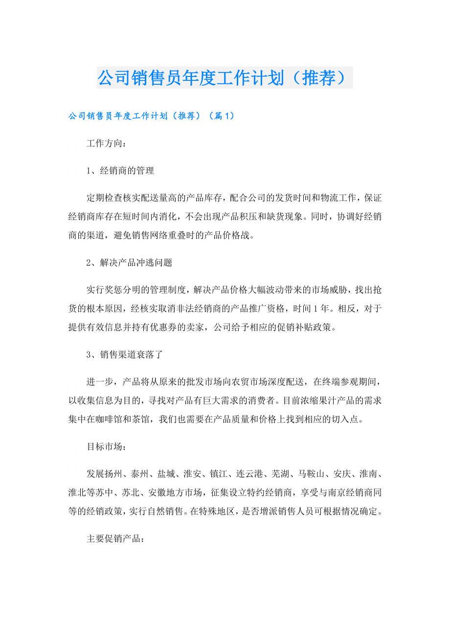 公司销售员工作计划（推荐）.doc_第1页