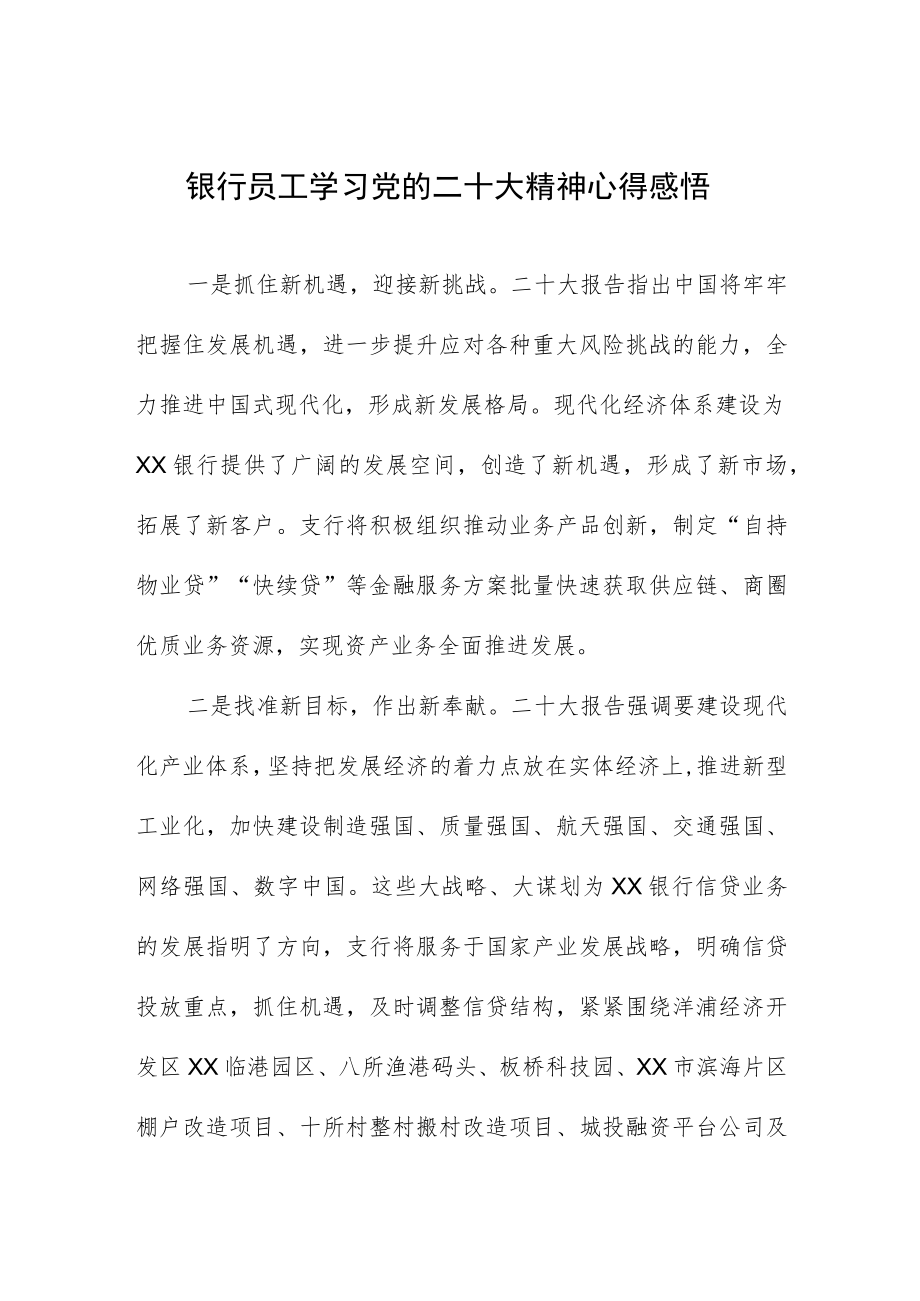 银行员工学习党的二十大精神心得感悟.docx_第1页