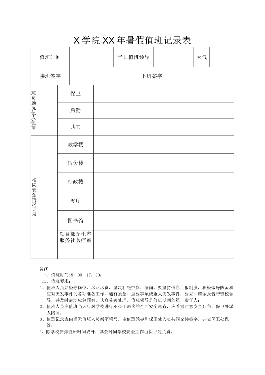 XX学院XX年暑假值班记录表.docx_第1页