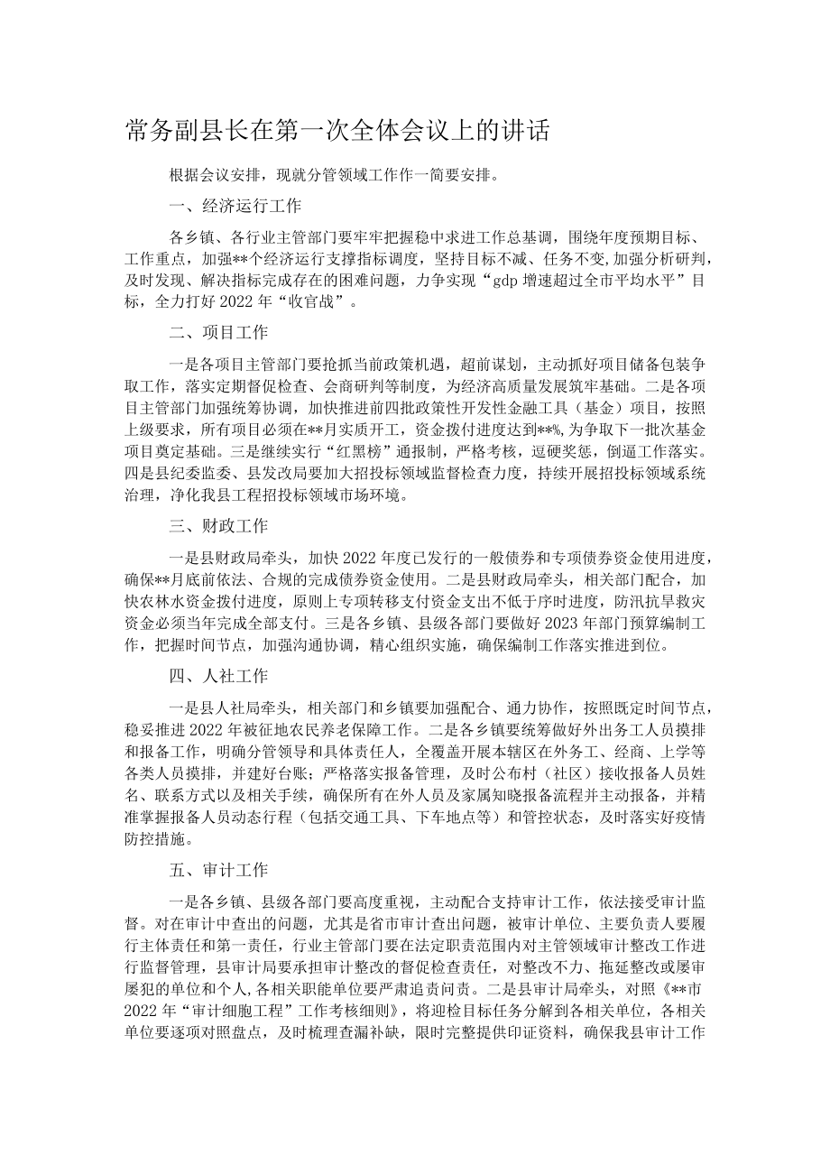 常务副县长在第一次全体会议上的讲话.docx_第1页