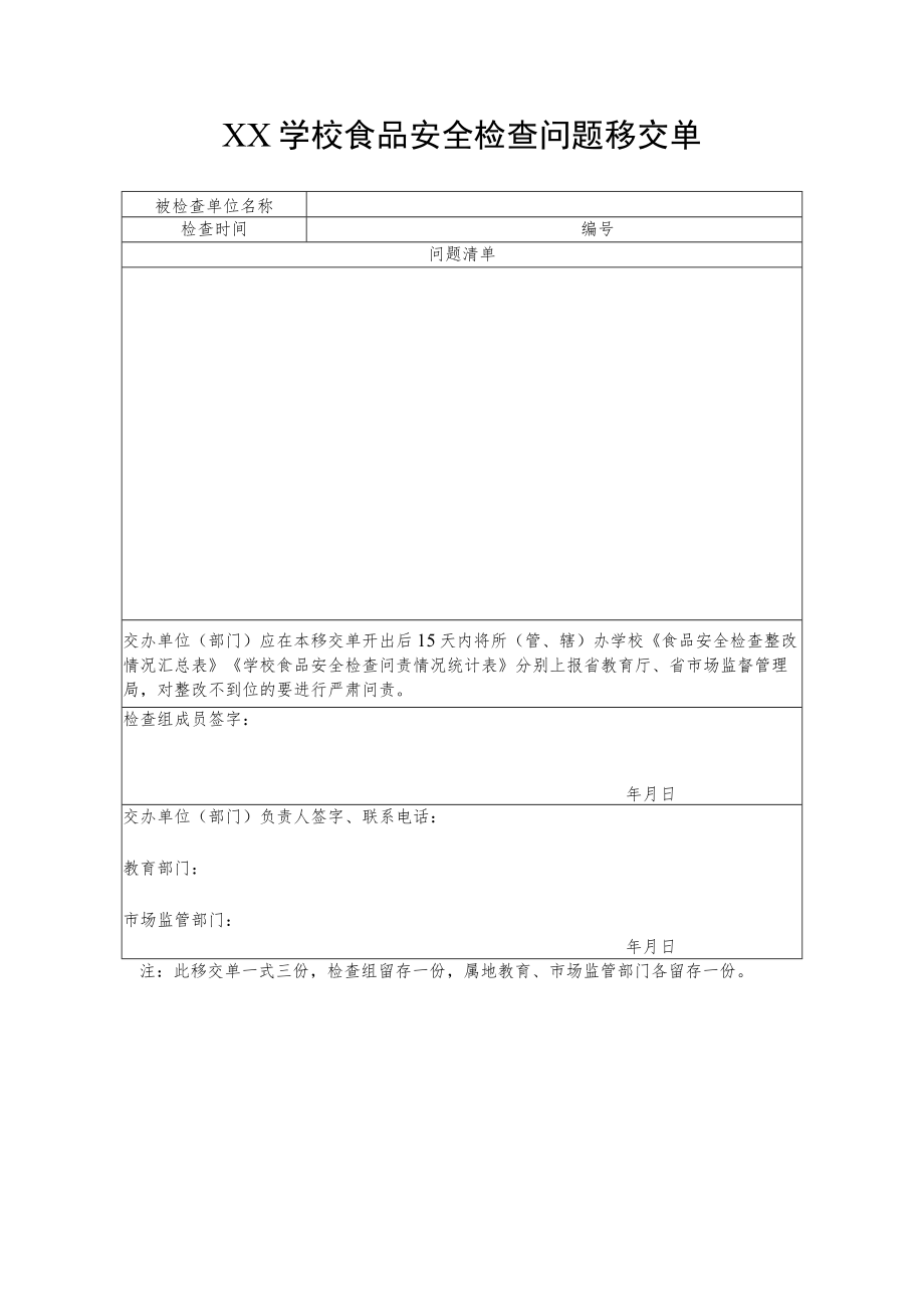 XX学校食品安全检查问题移交单.docx_第1页