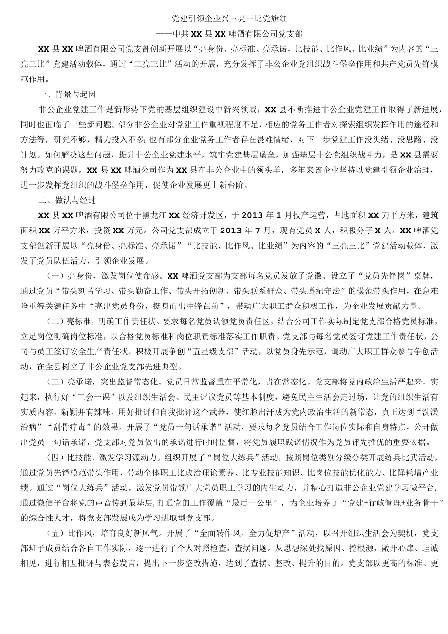 党建引领企业兴 三亮三比党旗红 ——中共XX县XX啤酒有限公司党支部.docx_第1页