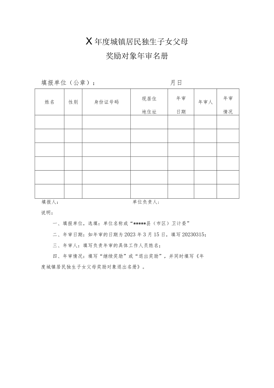 城镇居民独生子女父母奖励对象年审名册.docx_第1页