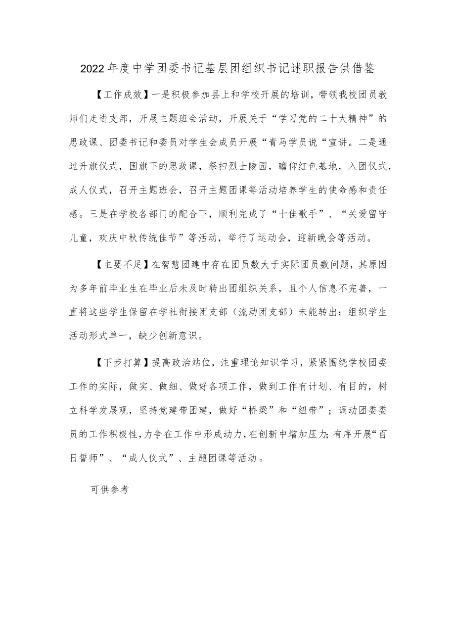 2022年度中学团委书记基层团组织书记述职报告供借鉴.docx_第1页