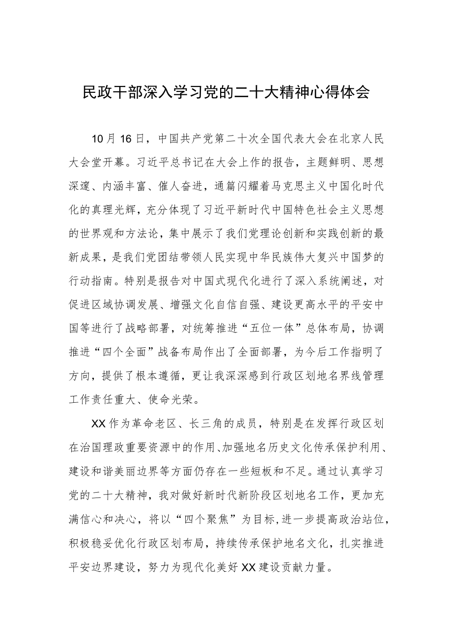 民政干部深入学习党的二十大精神心得体会.docx_第1页