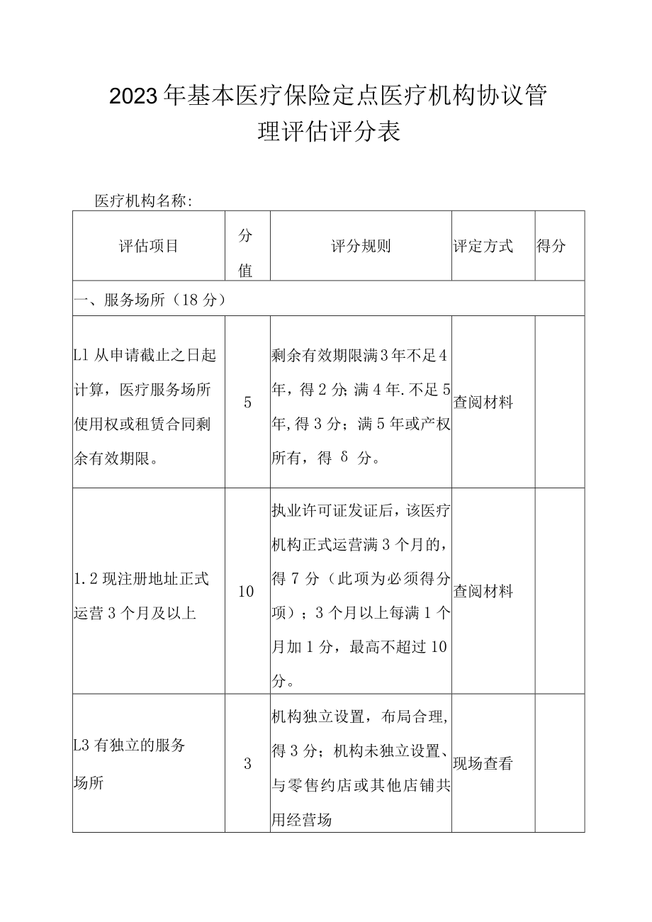 2023年基本医疗保险定点医疗机构协议管理评估评分表.docx_第1页