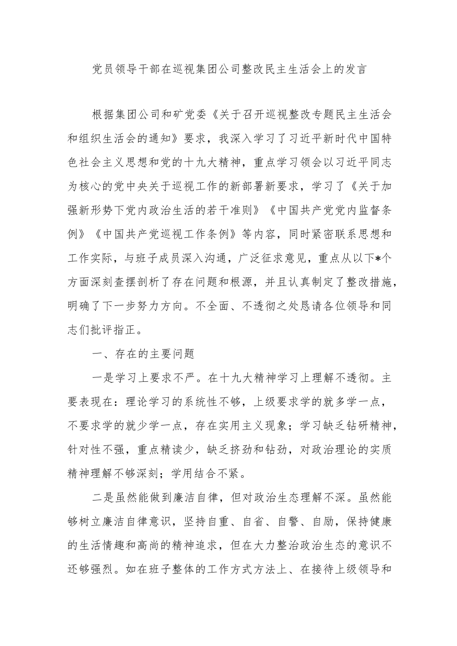 党员领导干部在巡视集团公司整改民主生活会上的发言.docx_第1页