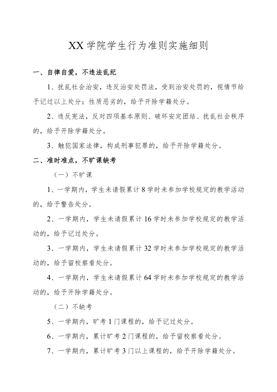 XX学院学生行为准则实施细则.docx_第1页