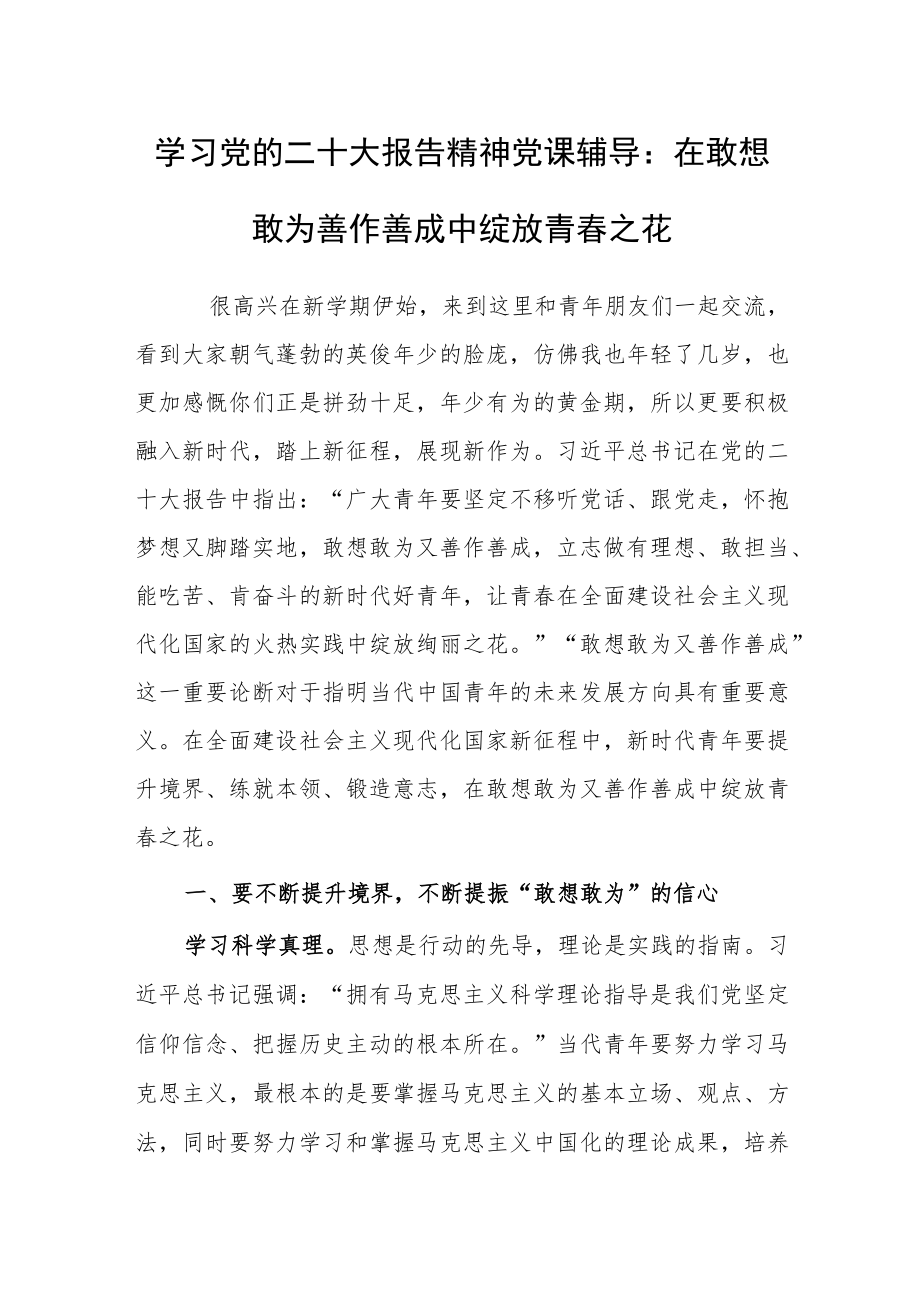 学习党的二十大报告精神党课辅导：在敢想敢为善作善成中绽放青春之花.docx_第1页