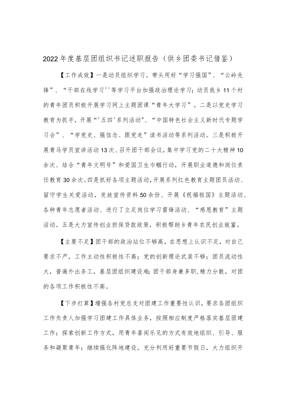 2022年度基层团组织书记述职报告（供乡团委书记借鉴）.docx_第1页