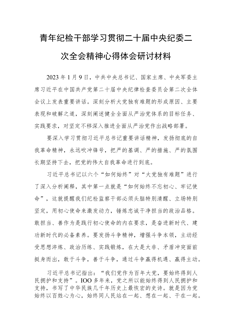 2023年青年纪检干部学习贯彻二十届中央纪委二次全会重要讲话精神心得体会研讨材料.docx_第1页