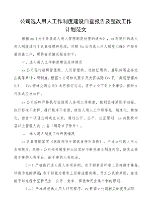 公司选人用人工作制度建设自查报告及整改工作计划范文集团企业工作汇报总结存在问题整改措施.docx