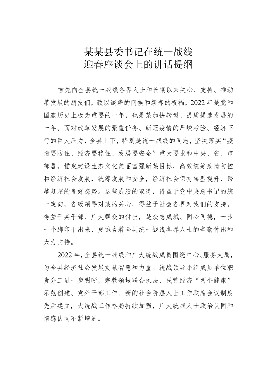 某某县委书记在统一战线迎春座谈会上的讲话提纲.docx_第1页