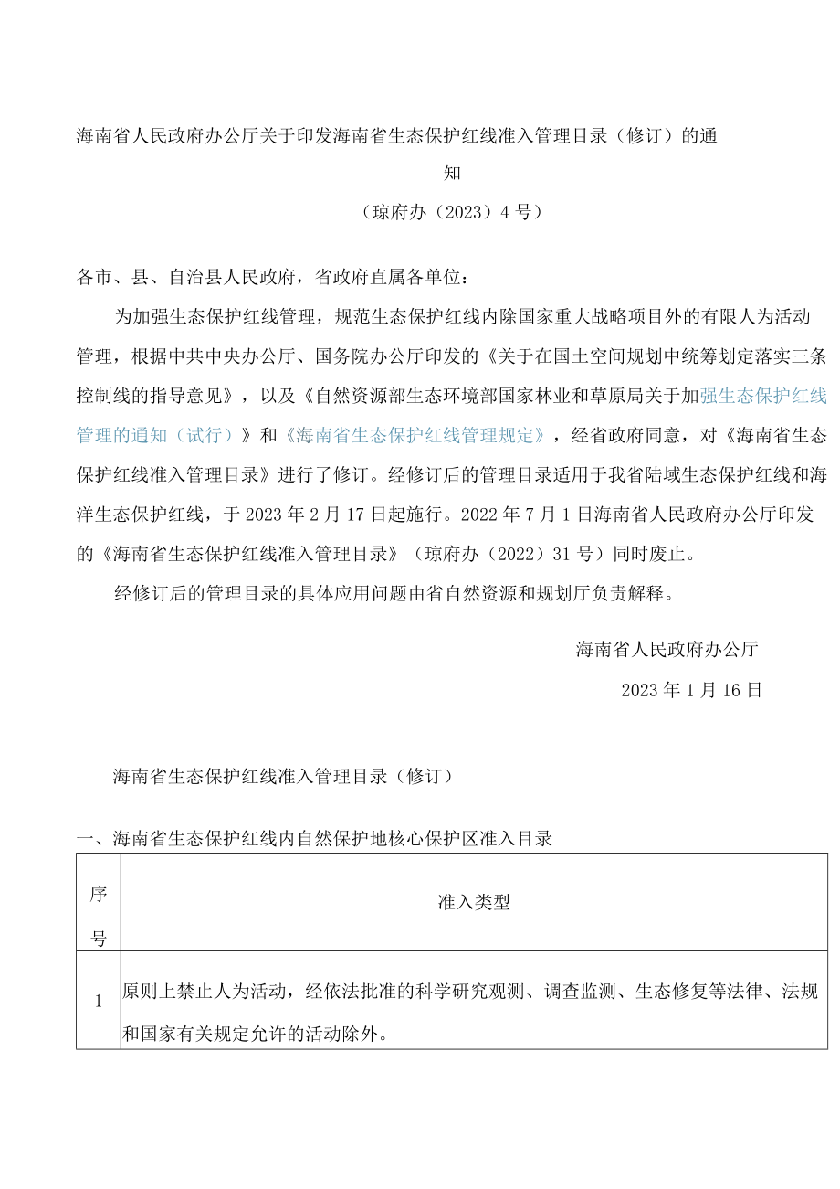 海南省人民政府办公厅关于印发海南省生态保护红线准入管理目录(修订)的通知(2023).docx_第1页