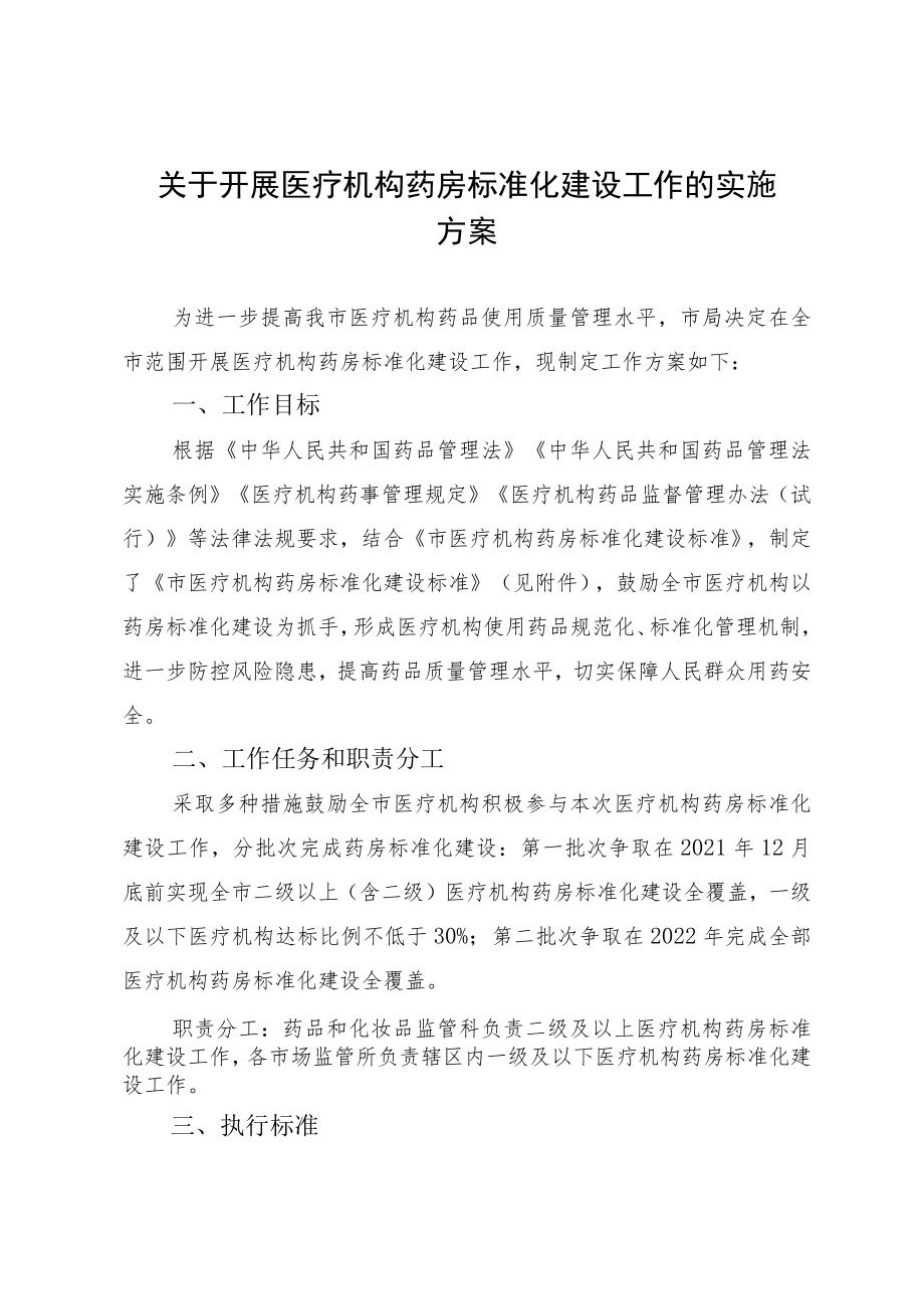 关于开展医疗机构药房标准化建设工作的实施方案.docx_第1页