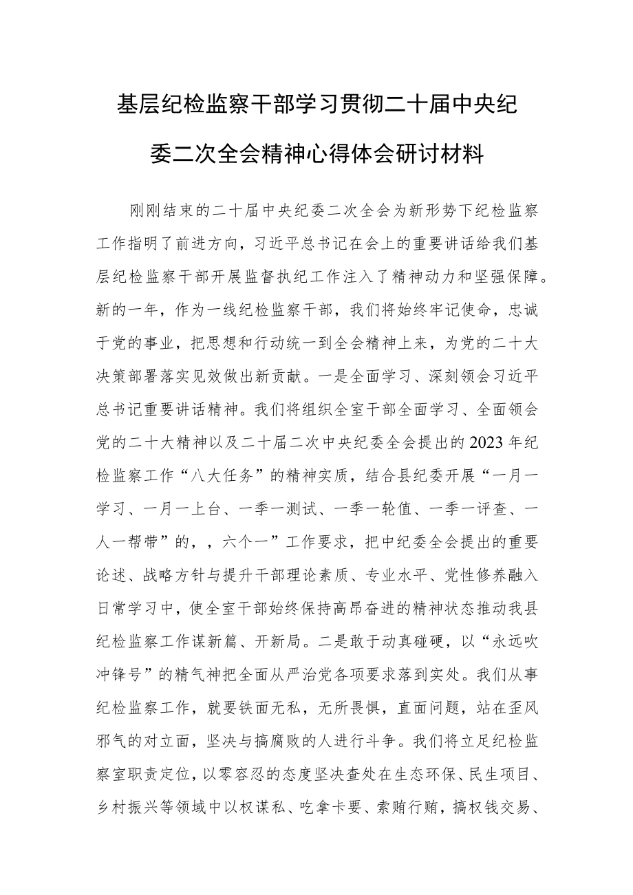 基层纪检监察干部学习贯彻二十届中央纪委二次全会重要讲话精神心得体会研讨材料.docx_第1页