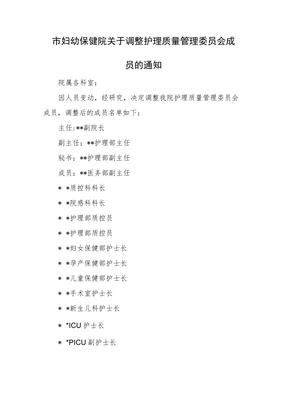 市妇幼保健院关于调整护理质量管理委员会成员.docx_第1页