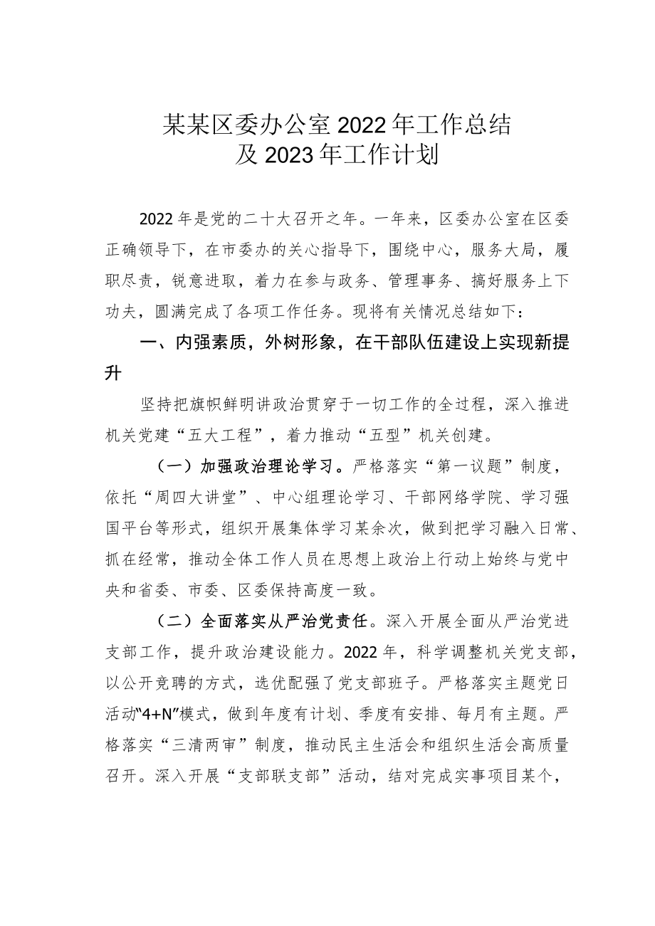 某某区委办公室2022年工作总结及2023年工作计划.docx_第1页